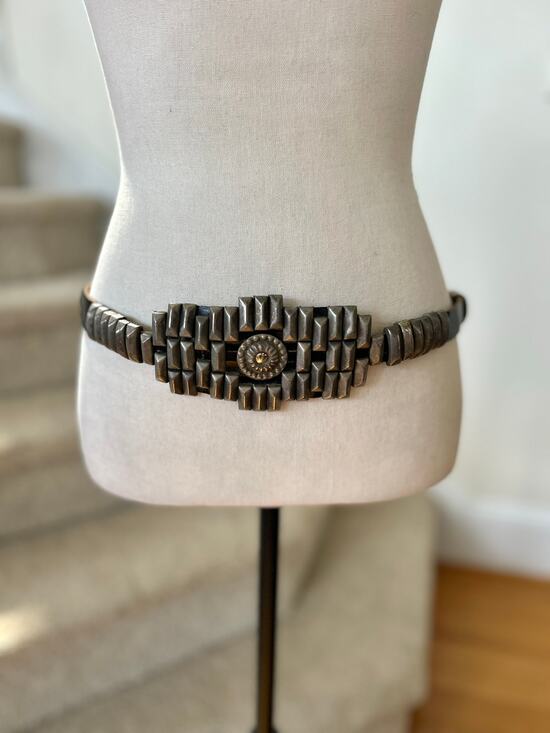 Vintage Black Metal Studded Southwestern Western Aztec Tribal Leather Belt (34) main image 6